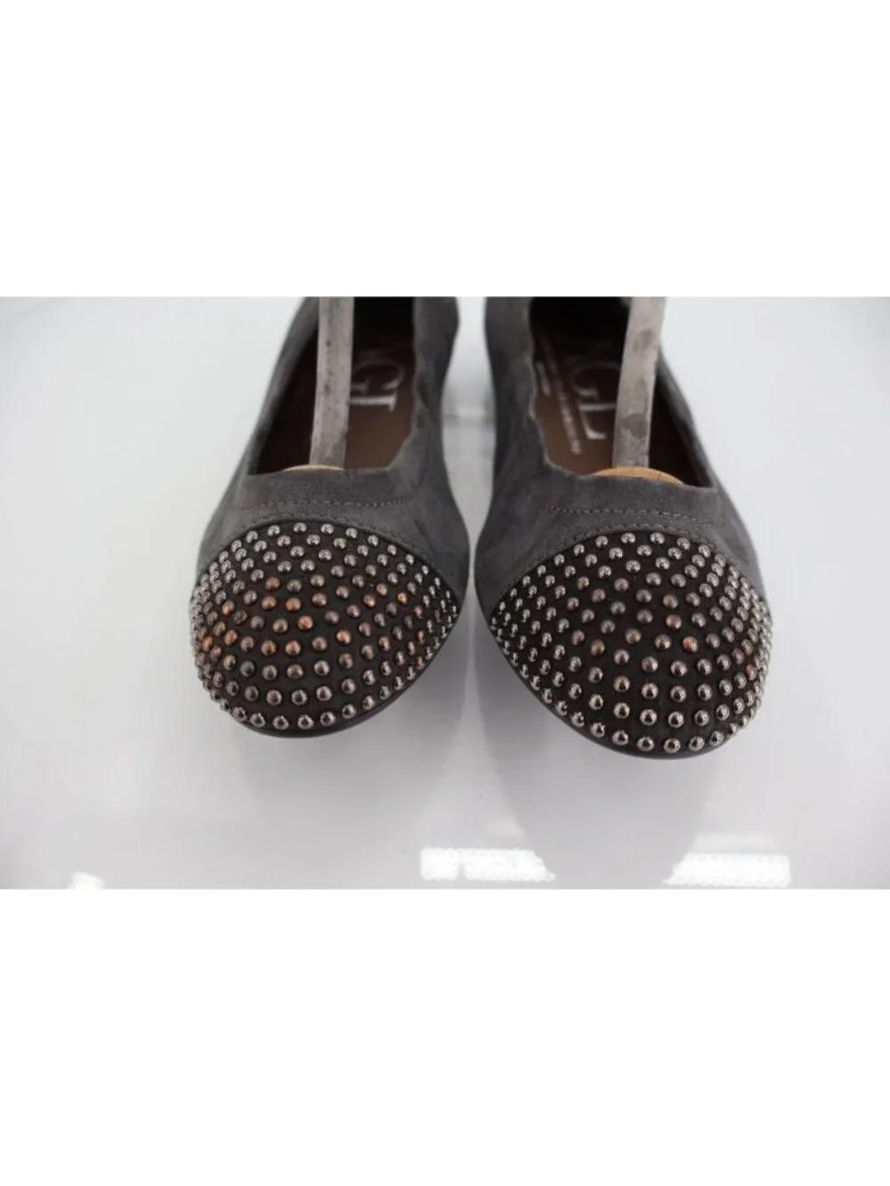 AGL Womens Ballet Ballet Flat Size 36.5 6.5 Gray Leather Studded Cap Toe Italy